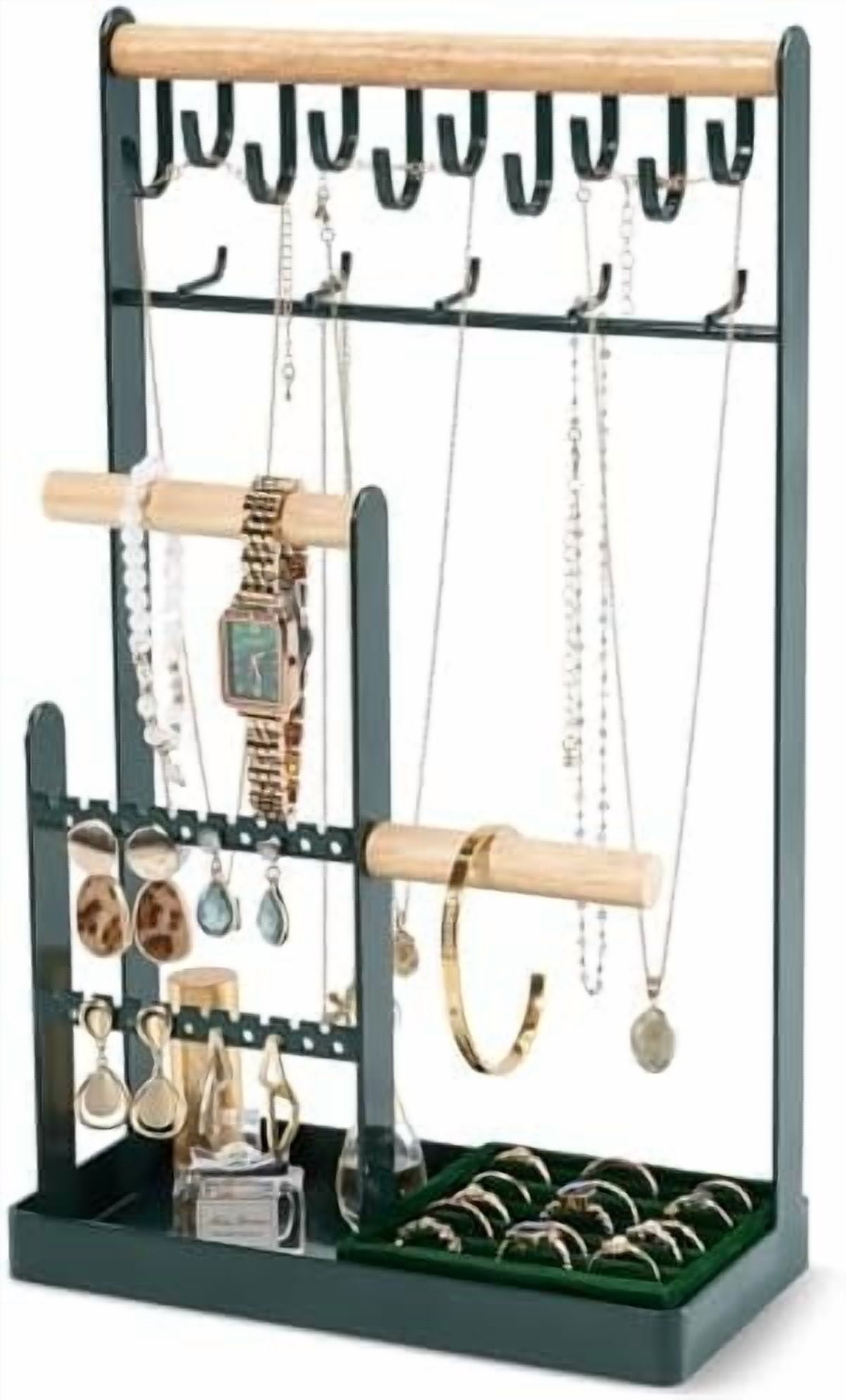 Jewelry Stand Holder Organizer, 5-Tier Necklace Holder with Ring Tray, 15 Hooks Necklaces Hanging Small Jewelry Display Storage Tower Tree for Bracelets Earrings Watches -Large, Green