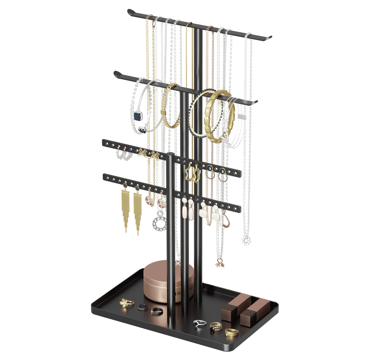 Black Metal 4-Tier Jewelry Stand with Tray