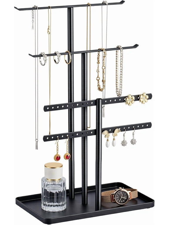 Jewelry Stand Holder Organizer: Display Rack for Necklaces, Earrings, Rings, Bracelets, Store and Hanging Accessory Organization With Tray, Aesthetic Room Decor, Black