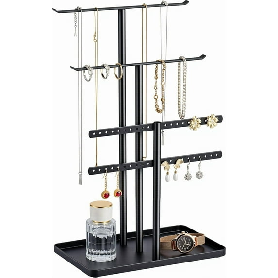 NIFFGAFF Jewelry Stand Holder Organizer: Display Rack for Necklaces, Earrings, Rings, Bracelets, Store and Hanging Accessory Organization With Tray, Aesthetic Room Decor, Black