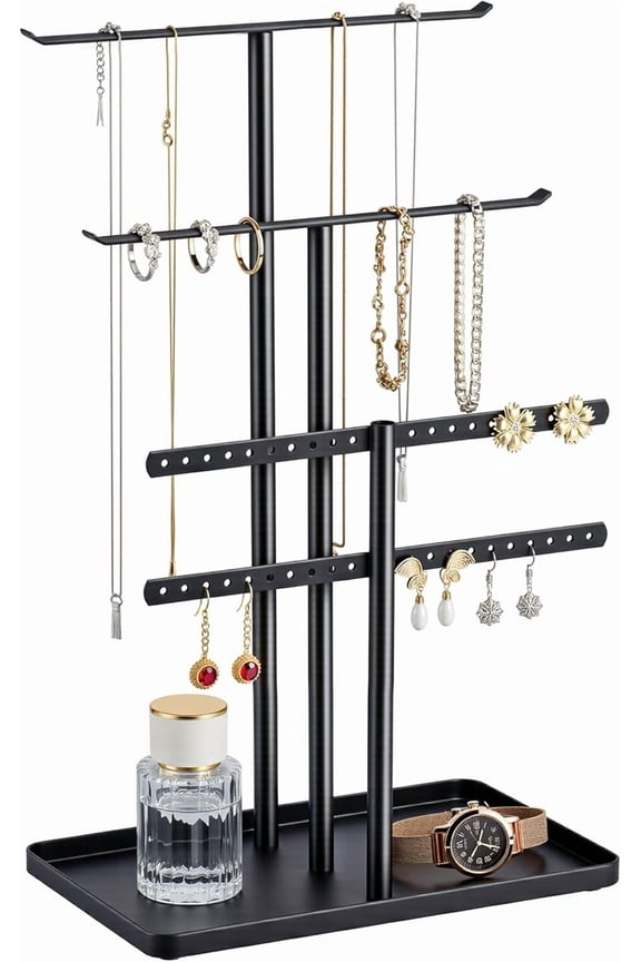 Jewelry Stand Holder Organizer: Display Rack for Necklaces, Earrings, Rings, Bracelets, Store and Hanging Accessory Organization With Tray, Aesthetic Room Decor, Black