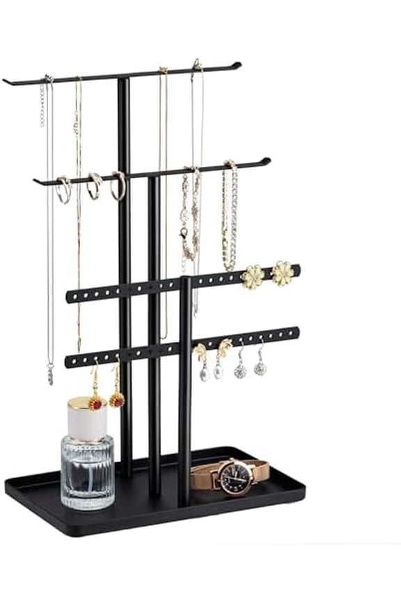 Jewelry Stand Organizer, 12.5" Tall Sturdy Metal, 3-Tier Jewelry Holder for Necklace, Earring, Bracelet, Ring, Hanger for Display and Storage, Aesthetic Room Decor, Black