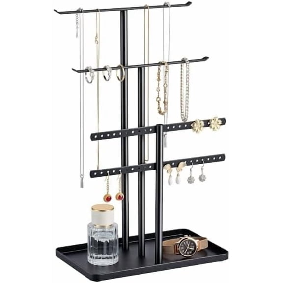 Jewelry Stand Organizer, 14.5" Tall Sturdy Metal, 3-Tier Jewelry Holder for Necklace, Earring, Bracelet, Ring, Hanger for Display and Storage, Aesthetic Room Decor, Black
