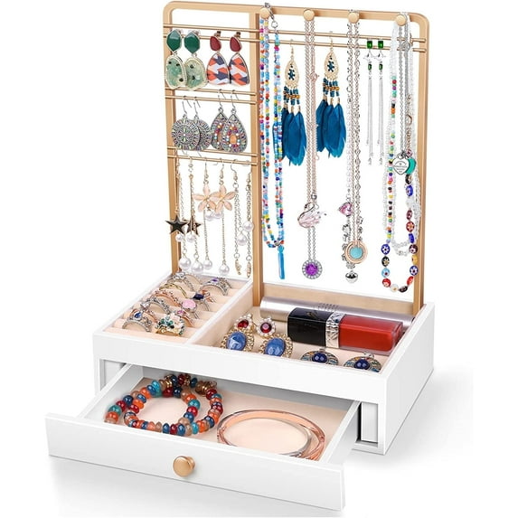 Jewelry Stand Tree with White Wood Storage Box, Metal Frame, 8x5x10.2 Inch