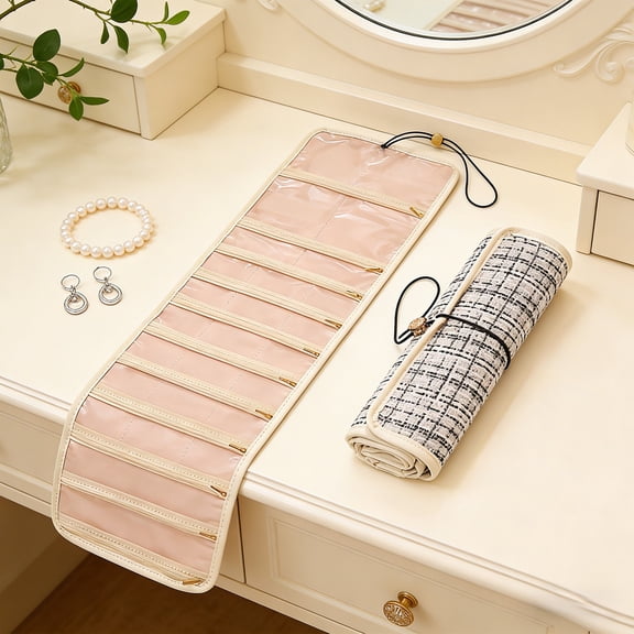 Jewelry Storage Bag Large-Capacity Roll-Up, Portable Travel Organizer with Hooks Zippered Pockets and Compartments for Necklaces Earrings Bracelets for Home Vacation Business Trips