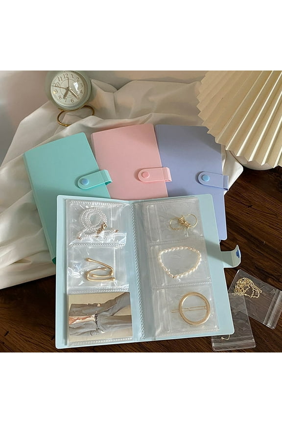 Jewelry Storage Book 120 Compartments Clip on Button Closure Clear Print Oblong Shape Necklace Earring Ring Jewelry Display Holder Household Stuff