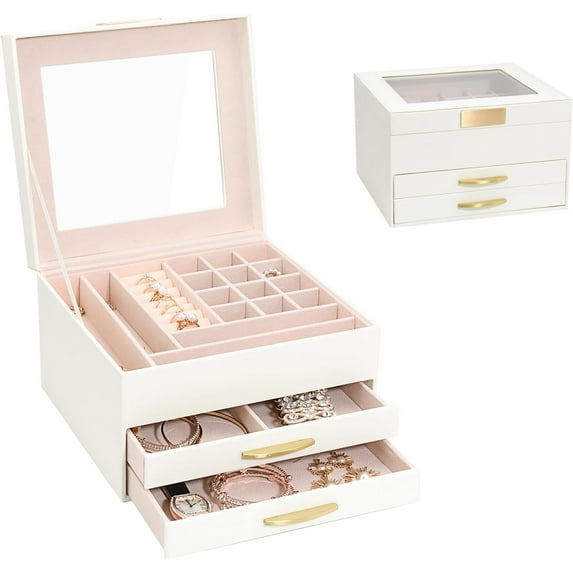 Jewelry Storage Box with Glasses Lid, 3-Tiers Jewelry Organizer Box for Women Girls, Jewelry Case for Rings, Bracelets Earrings, Necklaces (White)