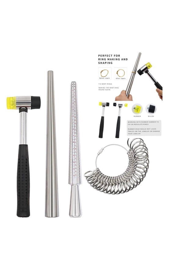 Jewelry Tool Measuring Stick Mandrel Ring Sizer Gauge Finger Size Guage Rubber Hammer for Jewelry Making Jewelers Tools