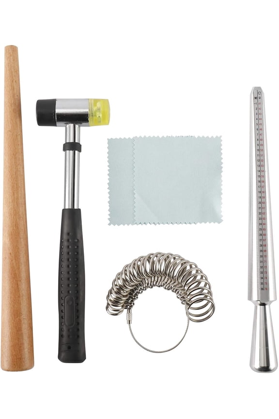 Jewelry Tools, Double Heads Jewelry Rubber Hammer, Measuring Stick Ring Size Gauge, 27 pcs Ring Sizer Gauge Circle Models, Wooden Wood Mandrel and Cleaning Cloth for Rings Making, Repairing
