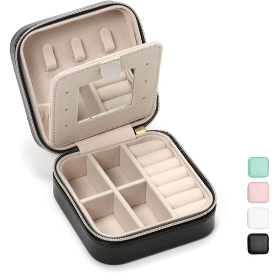 Jewelry Travel Case with Mirror, Small Travel Jewelry Organizer, Portable Jewelry Box Travel Mini Storage Organizer Portable Display Storage Box For Rings Earrings Necklaces Gifts (Black)