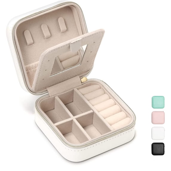 Jewelry Travel Case with Mirror, Small Travel Jewelry Organizer, Portable Jewelry Box Travel Mini Storage Organizer Portable Display Storage Box For Rings Earrings Necklaces Gifts (White)