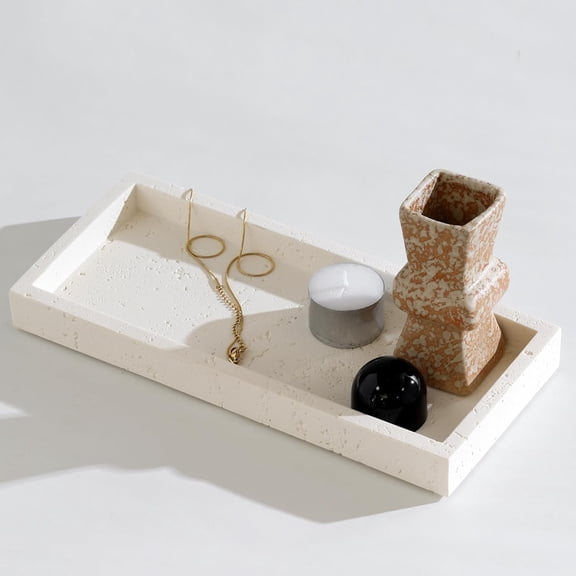 Jewelry Tray Bathtub, Resin Stone Look Decorative Perfume Tray, Bathroom Marble Vanity Organizer Plate Holder for Ring Soap Towel Small Things on Kitchen Sink Countertop (Off White, Small)