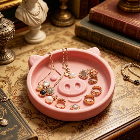 Jewelry Tray Desktop Ornaments Exquisite Printing Sculpture, Home Office Desk Bookshelf Tabletop Decoration Compact Plastic Statue Pink, Ccwuwei