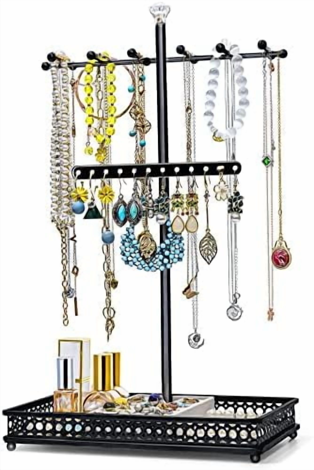 Jewelry Tree Stand Organizer 3in1 Necklace Organizer Display Bracelet Earrings and Ring Tray Jewelry Holder Hanger Metal（Black）