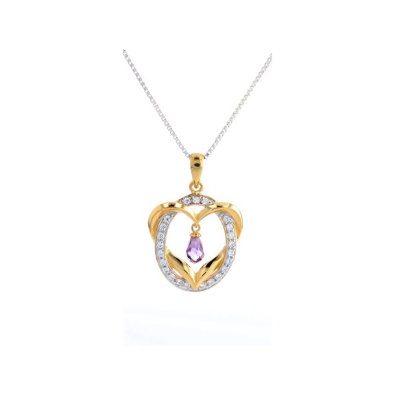 Jewelry Trends Purple Teardrop Heart CZ Ring Sterling Silver Gold-Plated Pendant Necklace 18"