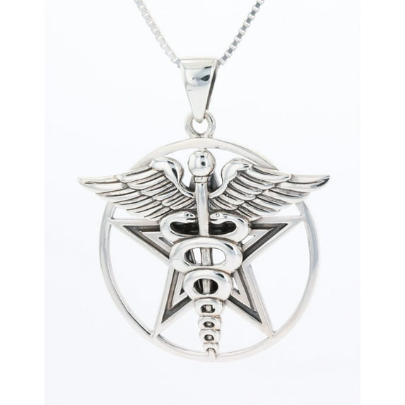 Jewelry Trends Caduceus Star Pentagram Pentacle Sterling Silver Pendant Necklace 18"
