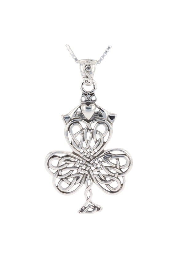 Celtic Shamrock & Irish Claddagh Sterling Silver Pendant on 18 Inch Necklace