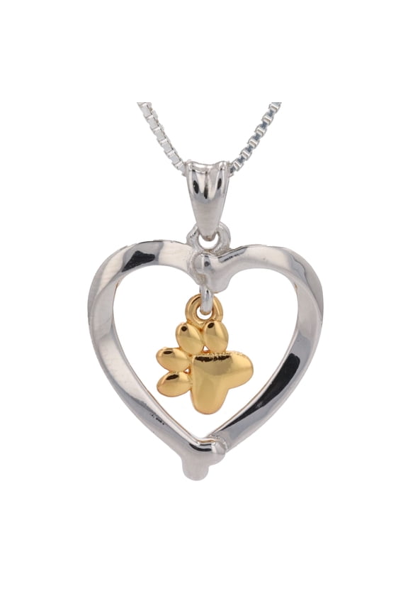Dog Bone Heart with Dangle Paw Print Sterling Silver Pendant Necklace 18"