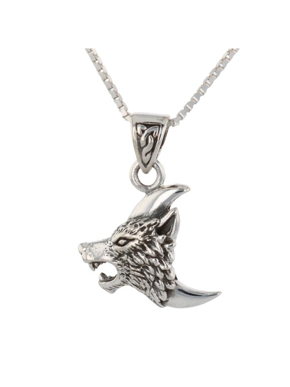 Howling Wolf Crescent Moon Sterling Silver Pendant Necklace 18"
