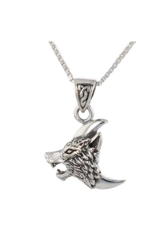 Howling Wolf Crescent Moon Sterling Silver Pendant Necklace 18"