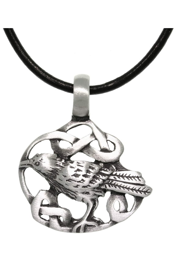 Pewter Celtic Crow Pendant with 18 Inch Black Leather Cord Necklace