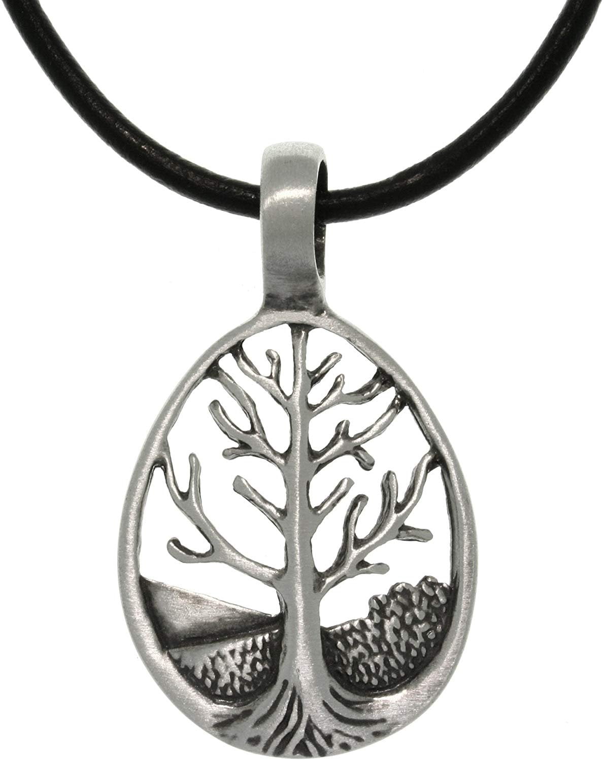 Jewelry Trends Pewter Tree of Life Teardrop Pendant with 18 Inch Black Leather Cord Necklace