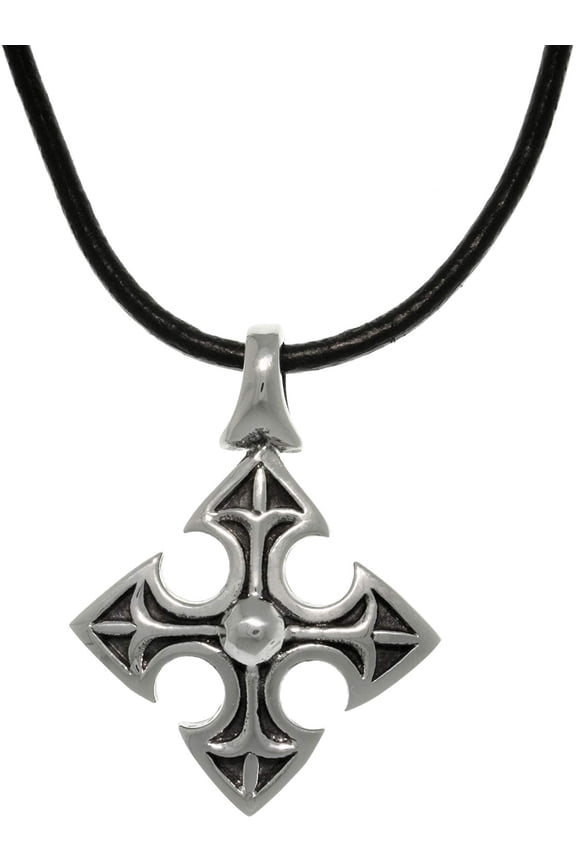 Stainless Steel Medieval Cross Pendant on 18 Inch Black Leather Necklace
