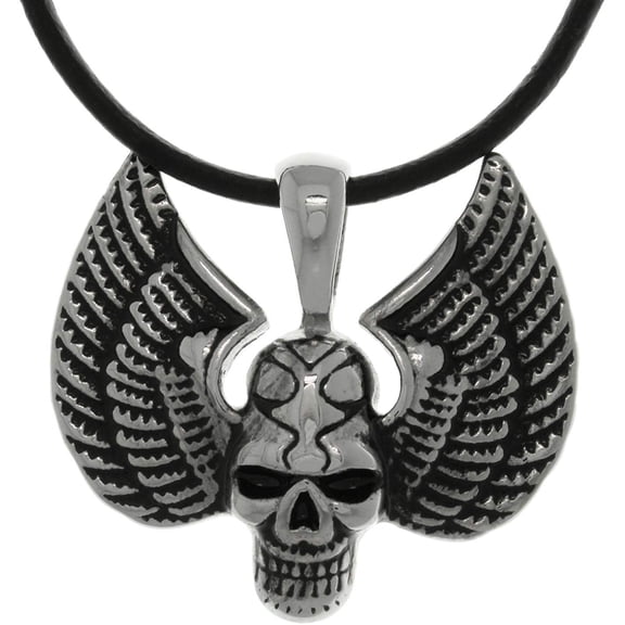 Jewelry Trends Stainless Steel Skull with Wings Pendant on Black Leather Necklace