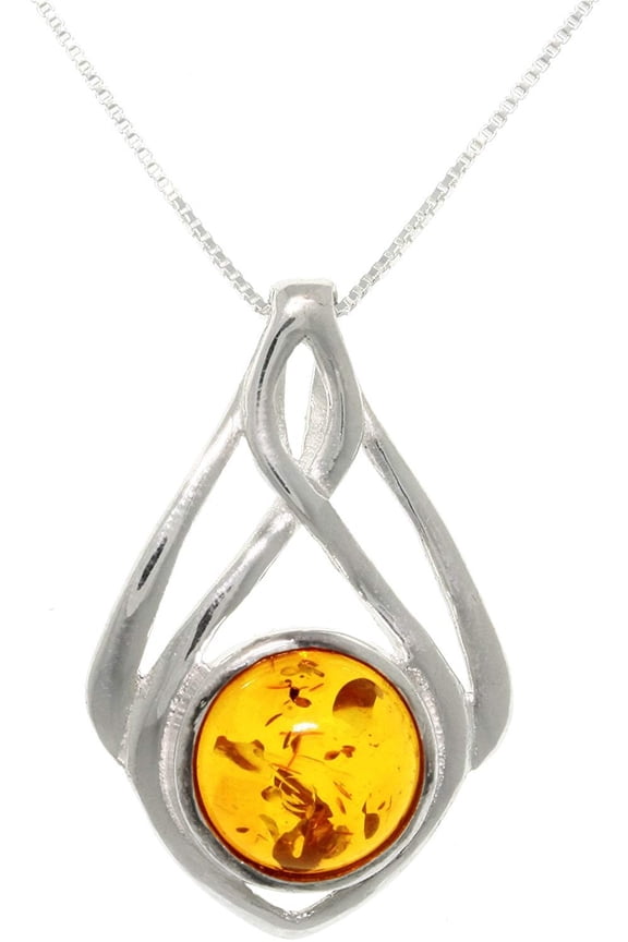 Sterling Silver Baltic Amber Drop Pendant with 18 Inch Box Chain Necklace