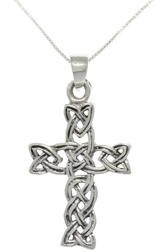 Sterling Silver Celtic Braid Cross Pendant with 18 Inch Box Chain Necklace