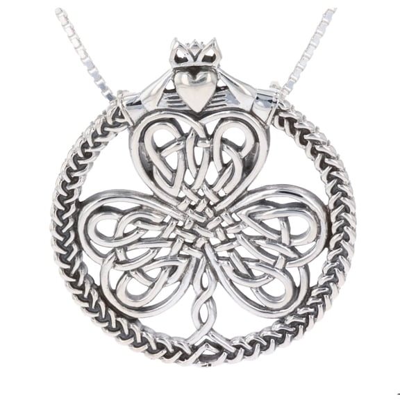 Jewelry Trends Sterling Silver Celtic Claddagh Heart in Hands Clover Pendant on 18 Inch Necklace