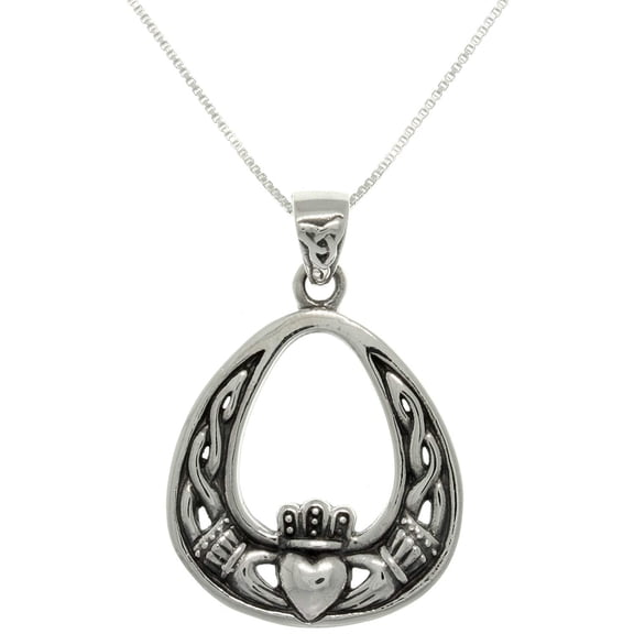 Jewelry Trends Sterling Silver Celtic Claddagh Teardrop Pendant on 18 inch Box Chain Necklace