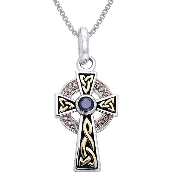 Jewelry Trends Sterling Silver Celtic Cross Pendant with CZ and 18k Gold-Plating on 18 Inch Necklace