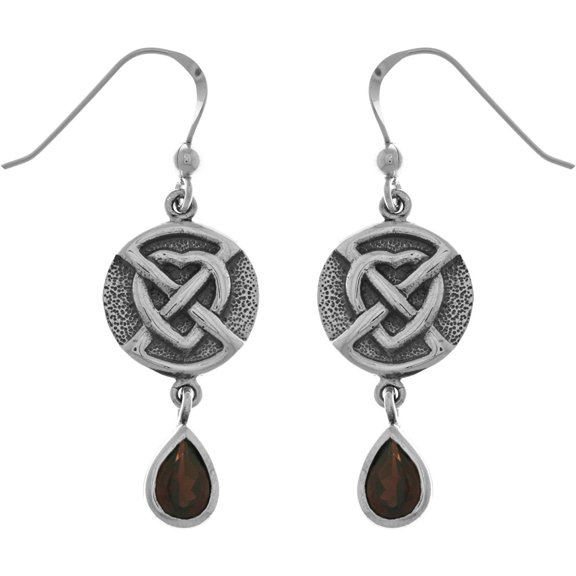 Jewelry Trends Sterling Silver Celtic Heart Dangle Earrings with Garnet Teardrops Irish Style