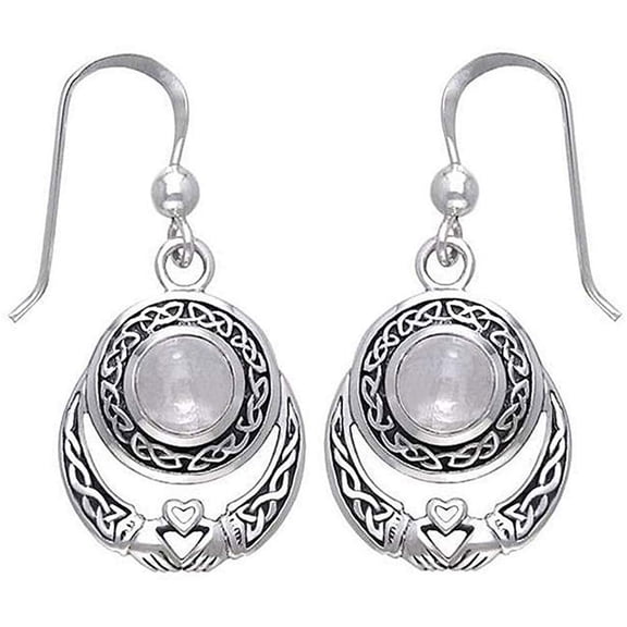 Jewelry Trends Sterling Silver Celtic Knot Claddagh Round Moonstone Dangle Earrings