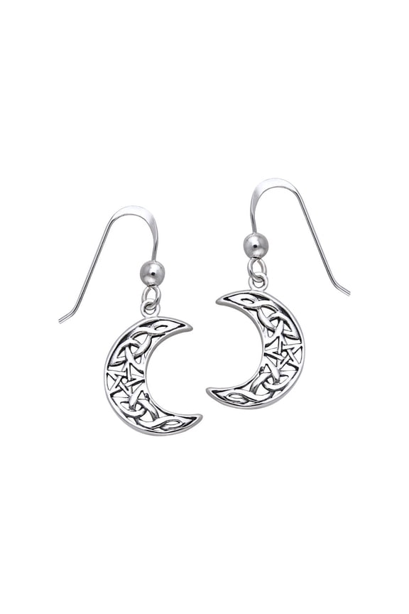 Sterling Silver Celtic Knot Crescent Moon and Star Pentacle Dangle Earrings