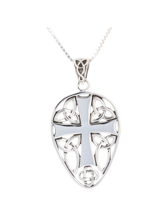 Sterling Silver Celtic Knot Cross Shield Pendant on 18" Box Chain Necklace