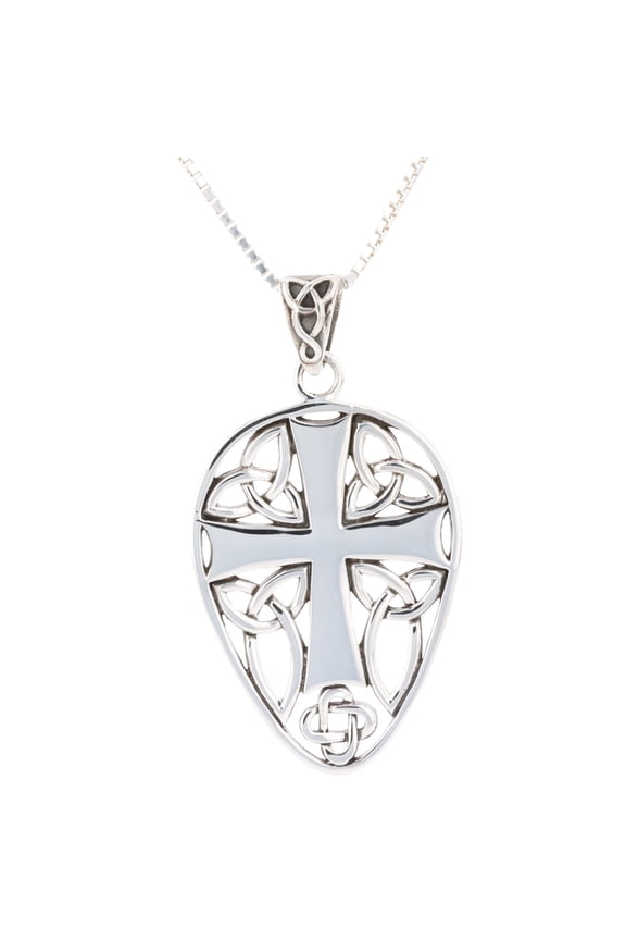 Sterling Silver Celtic Knot Cross Shield Pendant on 18" Box Chain Necklace