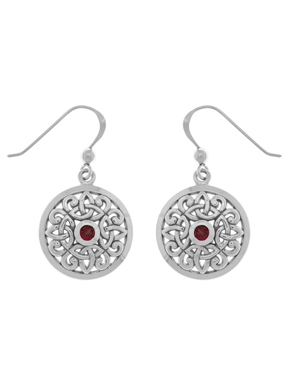 Sterling Silver Celtic Knot Round Shield Dangle Earrings with Created Ruby