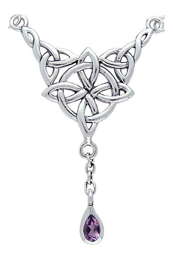 Sterling Silver Celtic Luck Knot Pendant with Amethyst drop 18 Inch Necklace