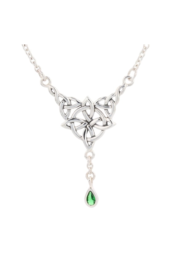 Sterling Silver Celtic Luck Knot Pendant with Green Glass Teardrop on Link Chain Necklace