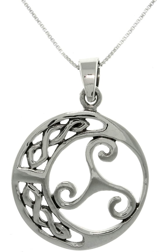 Sterling Silver Celtic Moon Trinity Knot Pendant with 18 Inch Box Chain Necklace