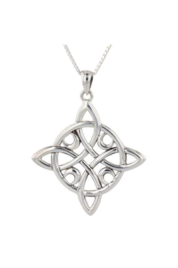 Sterling Silver Celtic Quaternary Moon Luck Knot Pendant on 18 Inch Box Chain Necklace