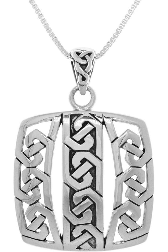 Sterling Silver Celtic Square Amulet Pendant on 18 Inch Box Chain Necklace