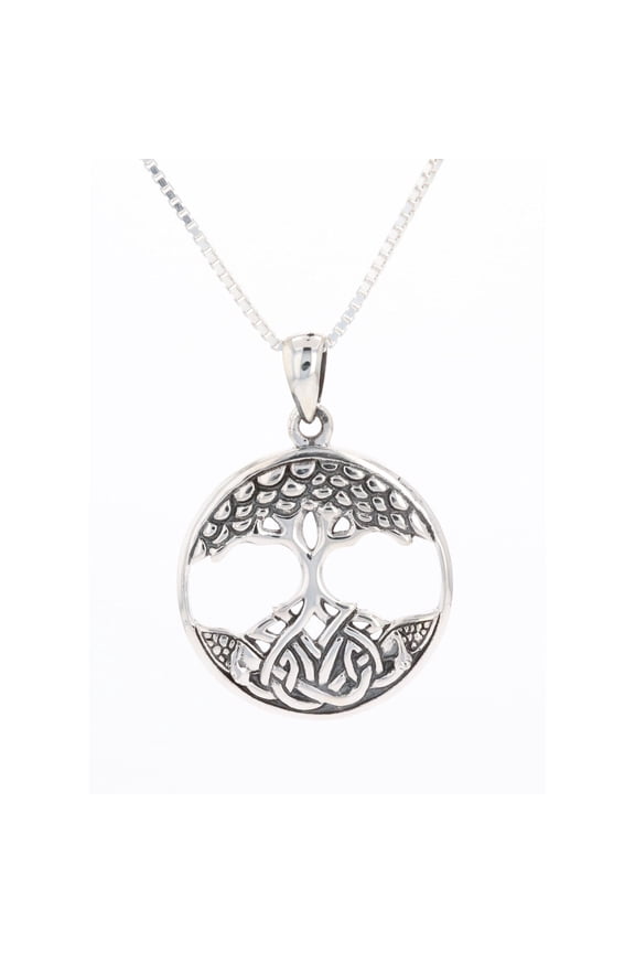 Sterling Silver Celtic Tree of Life Pendant on 18 Inch Box Chain Necklace
