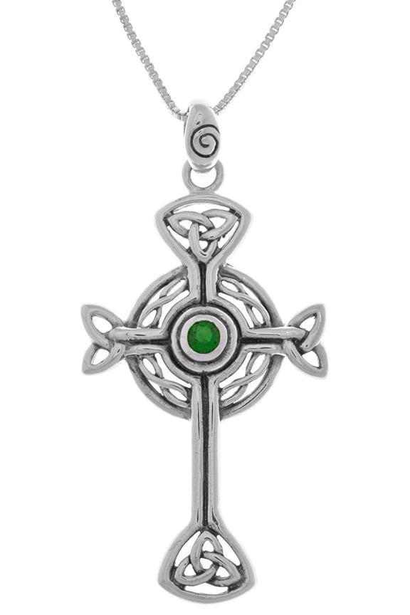 Sterling Silver Celtic Trinity Circle of Life Cross Pendant with Green Glass on Necklace