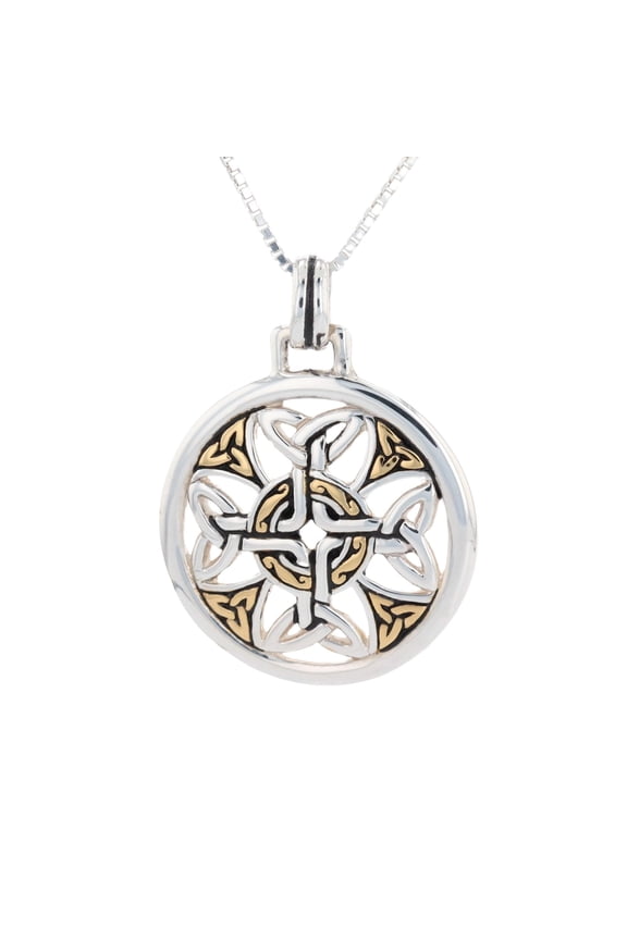 Sterling Silver Celtic Trinity Cross Medallion Pendant with Gold-Plating on 18" Necklace