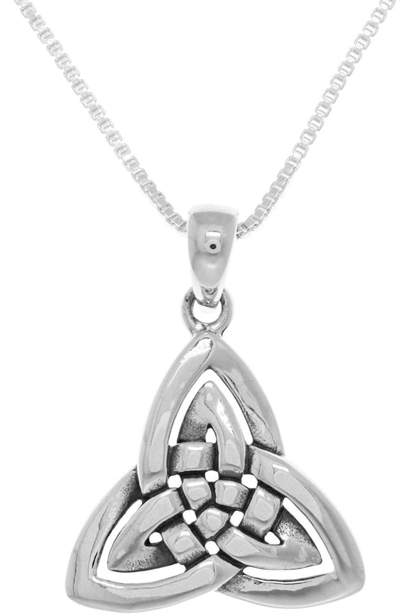 Sterling Silver Celtic Trinity Knot Weave Pendant on 18 Inch Box Chain Necklace
