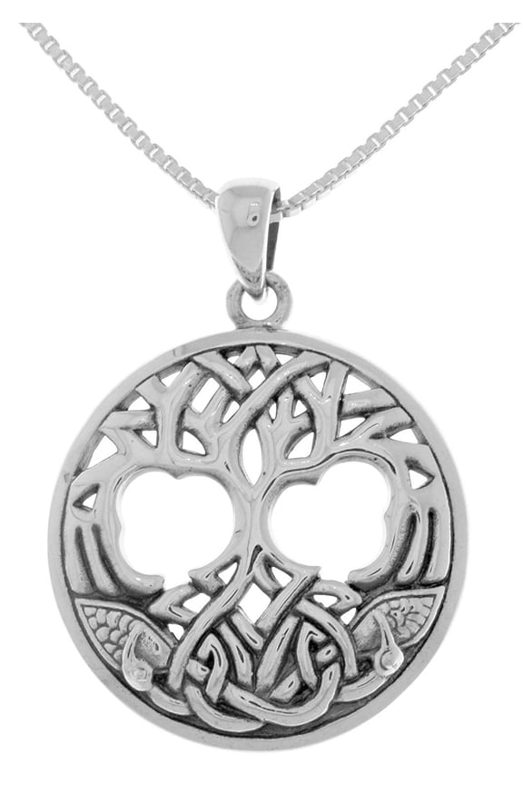 Sterling Silver Celtic Winter Tree of Life Pendant on 18 Inch Box Chain Necklace