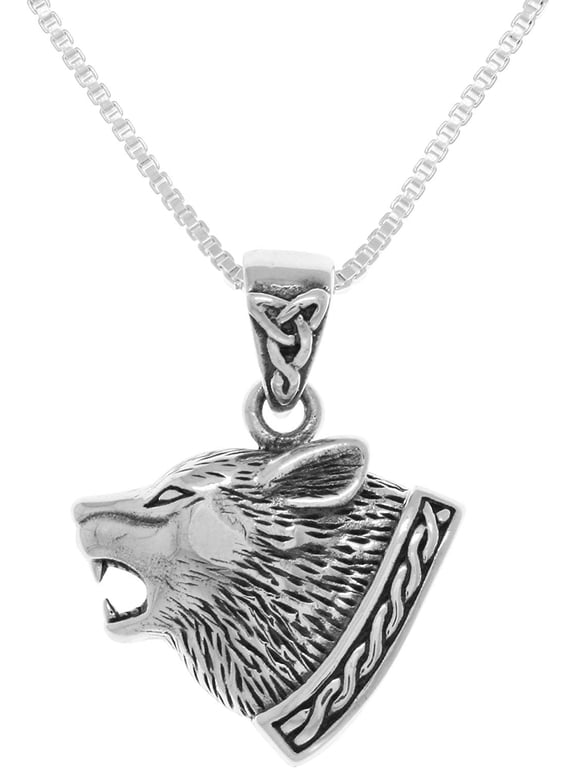 Sterling Silver Celtic Wolf Head Pendant on 18 Inch Box Chain Necklace
